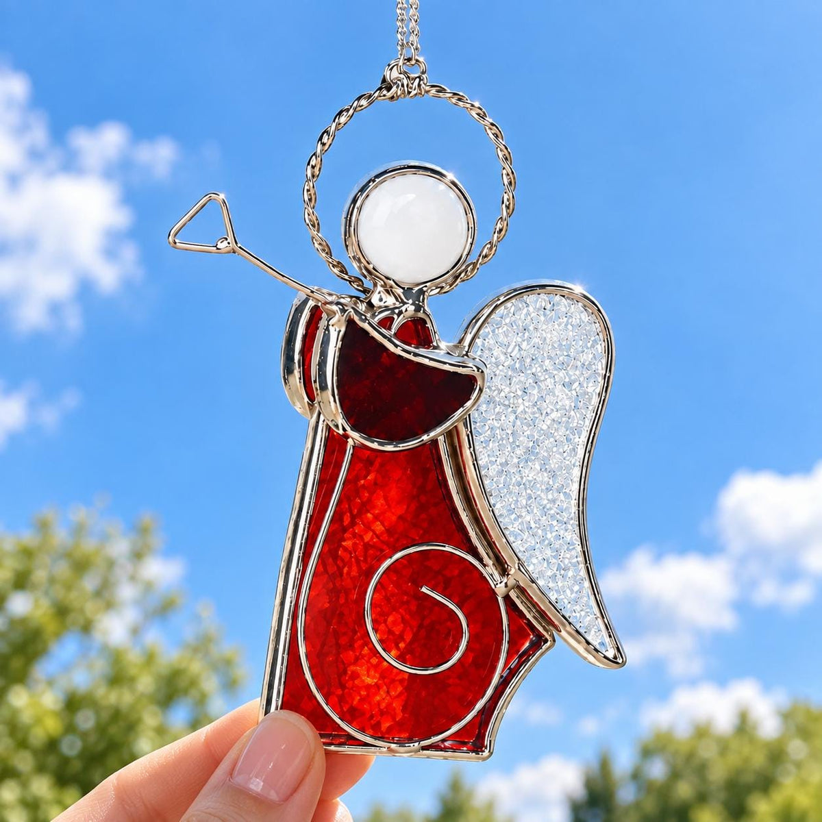 Red Trumpet Angel Glass Ornament, Tiffany-inspired Handmade Christmas Window Decor by AuroraeGlass — photo 1