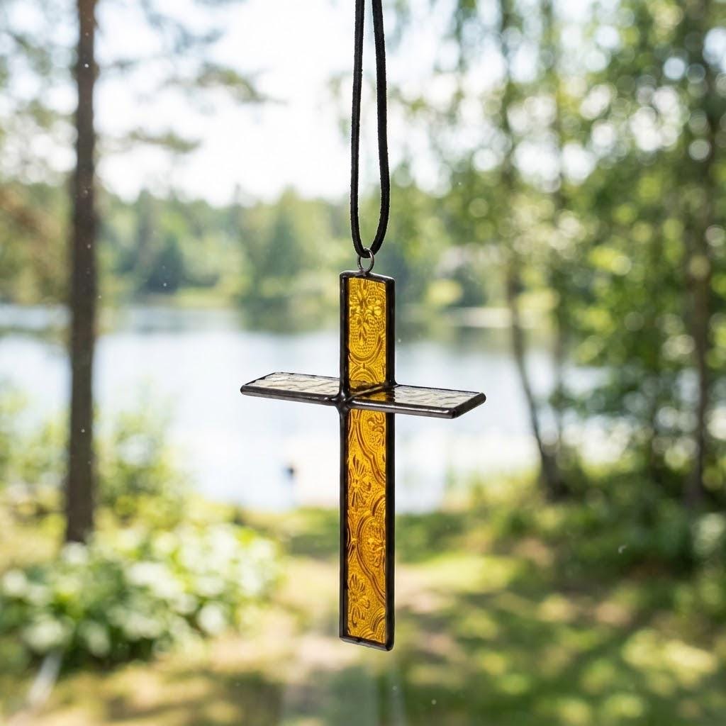 Amber Stained Glass Cross Suncatcher, Tiffany-inspired Christian Window Hanging, Handmade Faith Gift by AuroraeGlass, photo 7