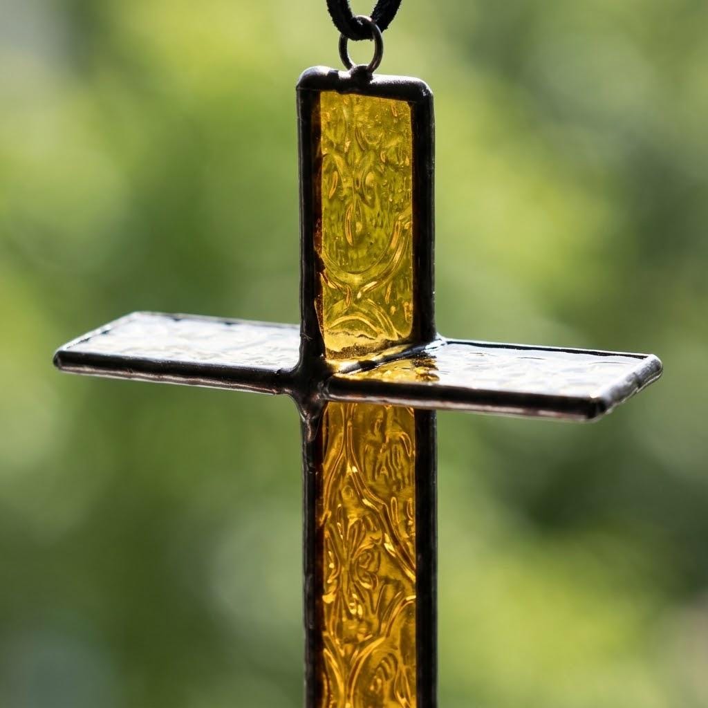 Amber Stained Glass Cross Suncatcher, Tiffany-inspired Christian Window Hanging, Handmade Faith Gift by AuroraeGlass, photo 3