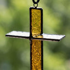 Amber Stained Glass Cross Suncatcher, Tiffany-inspired Christian Window Hanging, Handmade Faith Gift by AuroraeGlass, photo 3