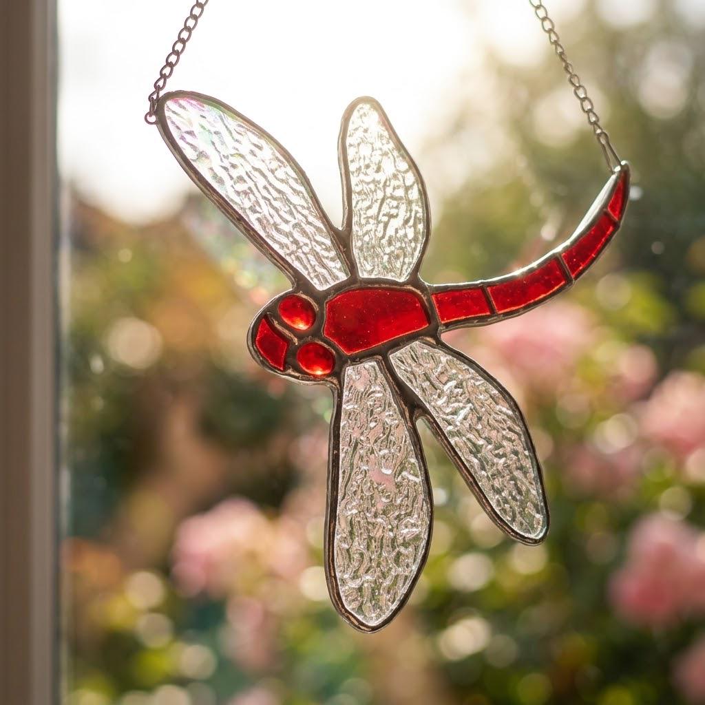 Red Dragonfly Stained Glass Suncatcher, Tiffany-inspired Window Hanging, Handmade Garden Lover Gift by AuroraeGlass, photo 3