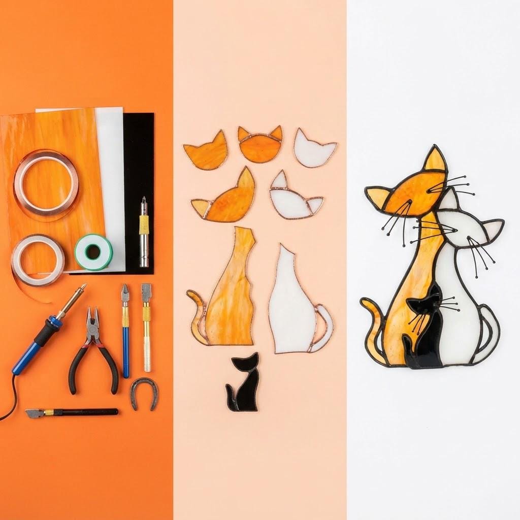 Handmade Stained Glass Cat Family, Amber White Black Glass, Tiffany-inspired Sill Art by AuroraeGlass — photo 5