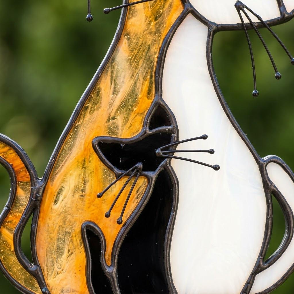 Handmade Stained Glass Cat Family, Amber White Black Glass, Tiffany-inspired Sill Art by AuroraeGlass — photo 3