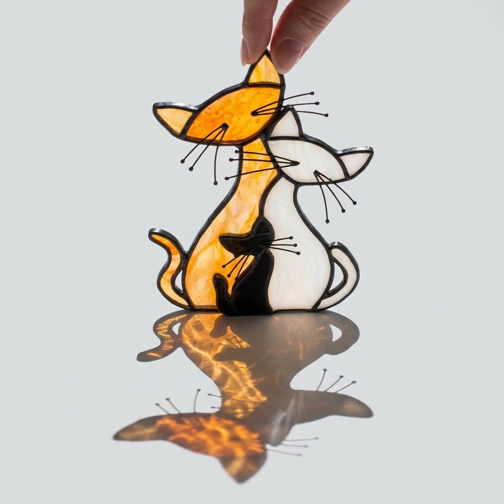 Handmade Stained Glass Cat Family, Amber White Black Glass, Tiffany-inspired Sill Art by AuroraeGlass — photo 7