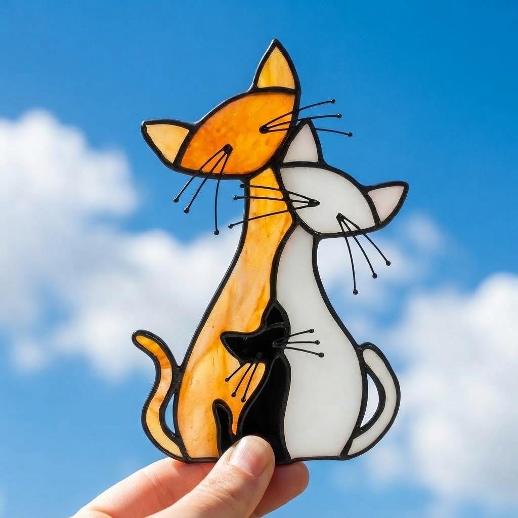 Handmade Stained Glass Cat Family, Amber White Black Glass, Tiffany-inspired Sill Art by AuroraeGlass — photo 1