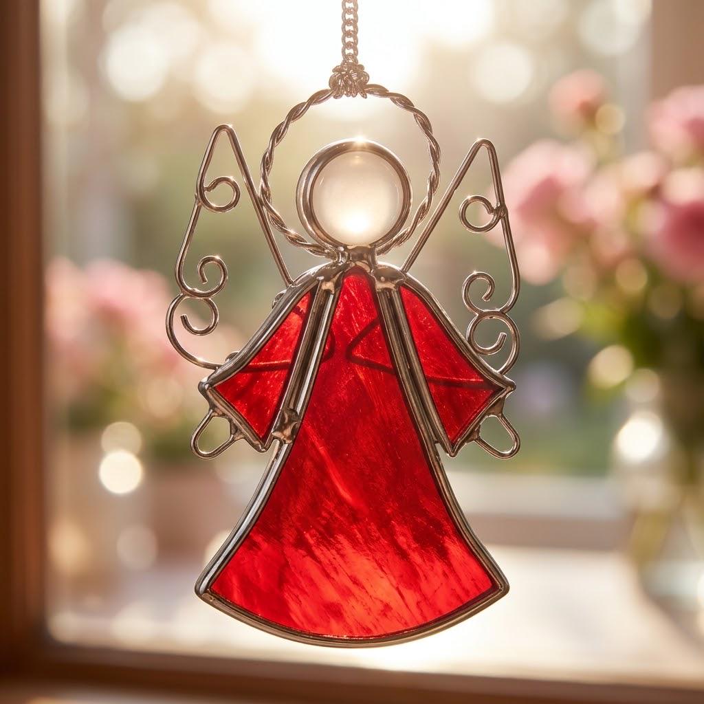 Red Angel Stained Glass Suncatcher, Tiffany-inspired Guardian Angel Window Hanging, Handmade Christmas Gift by AuroraeGlass — photo 6