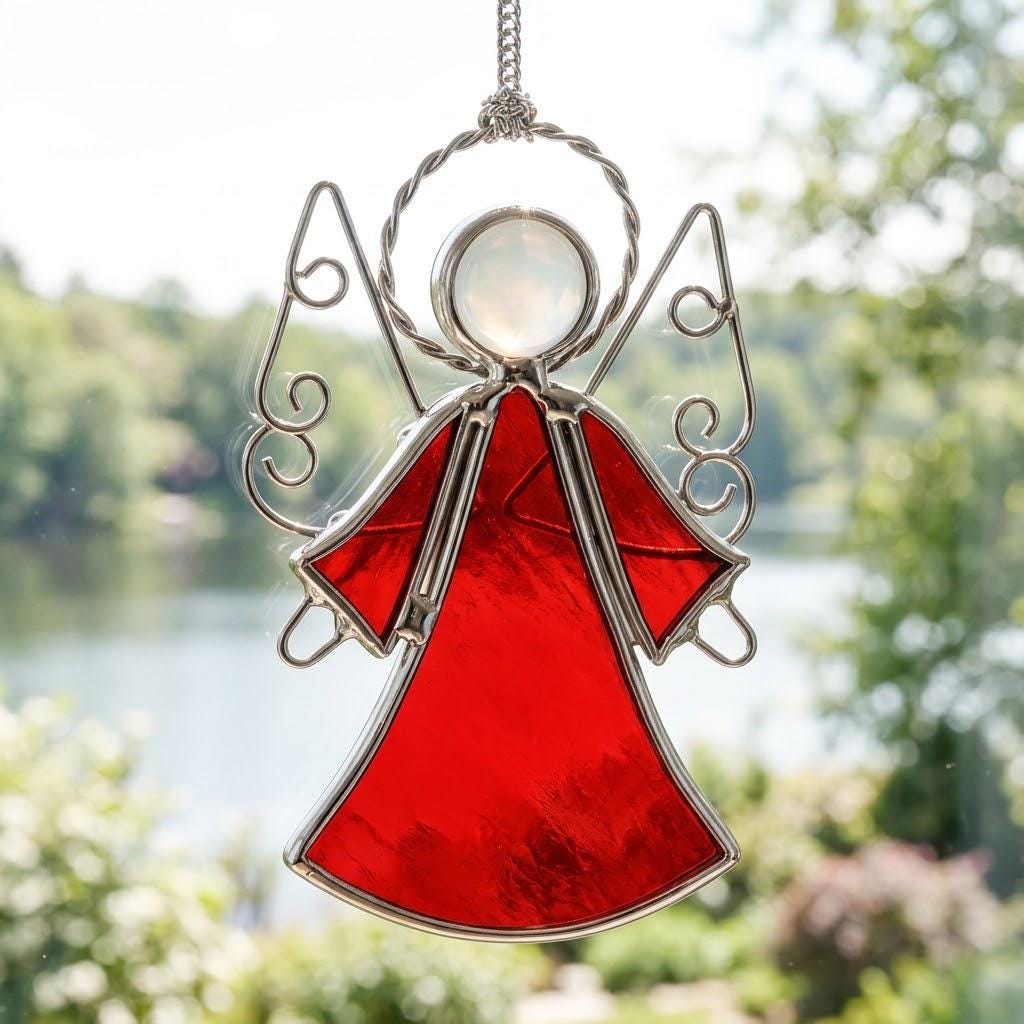 Red Angel Stained Glass Suncatcher, Tiffany-inspired Guardian Angel Window Hanging, Handmade Christmas Gift by AuroraeGlass — photo 7