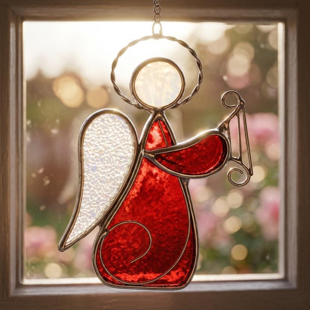 Angel with Harp Stained Glass Suncatcher, Tiffany-inspired Red Angel Window Hanging, Handmade Musician Gift by AuroraeGlass — photo 5