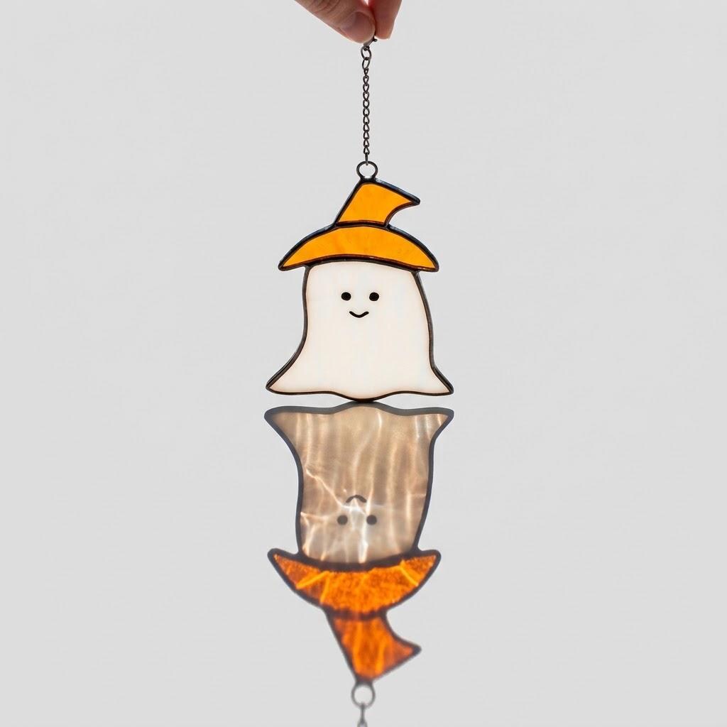 Handmade Stained Glass Ghost Suncatcher, Orange Hat, Halloween Window Hanging by AuroraeGlass — photo 9
