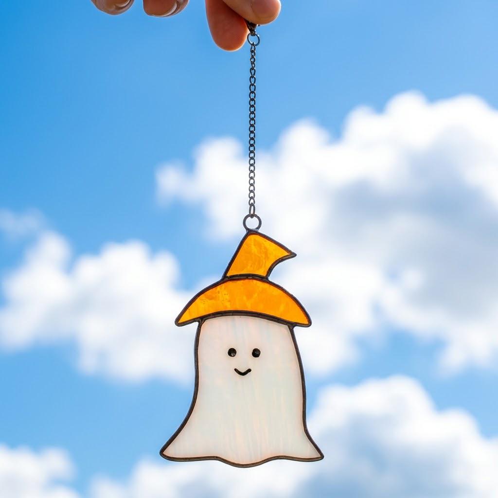 Handmade Stained Glass Ghost Suncatcher, Orange Hat, Halloween Window Hanging by AuroraeGlass — photo 2