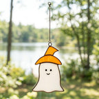 Handmade Stained Glass Ghost Suncatcher, Orange Hat, Halloween Window Hanging by AuroraeGlass — photo 8