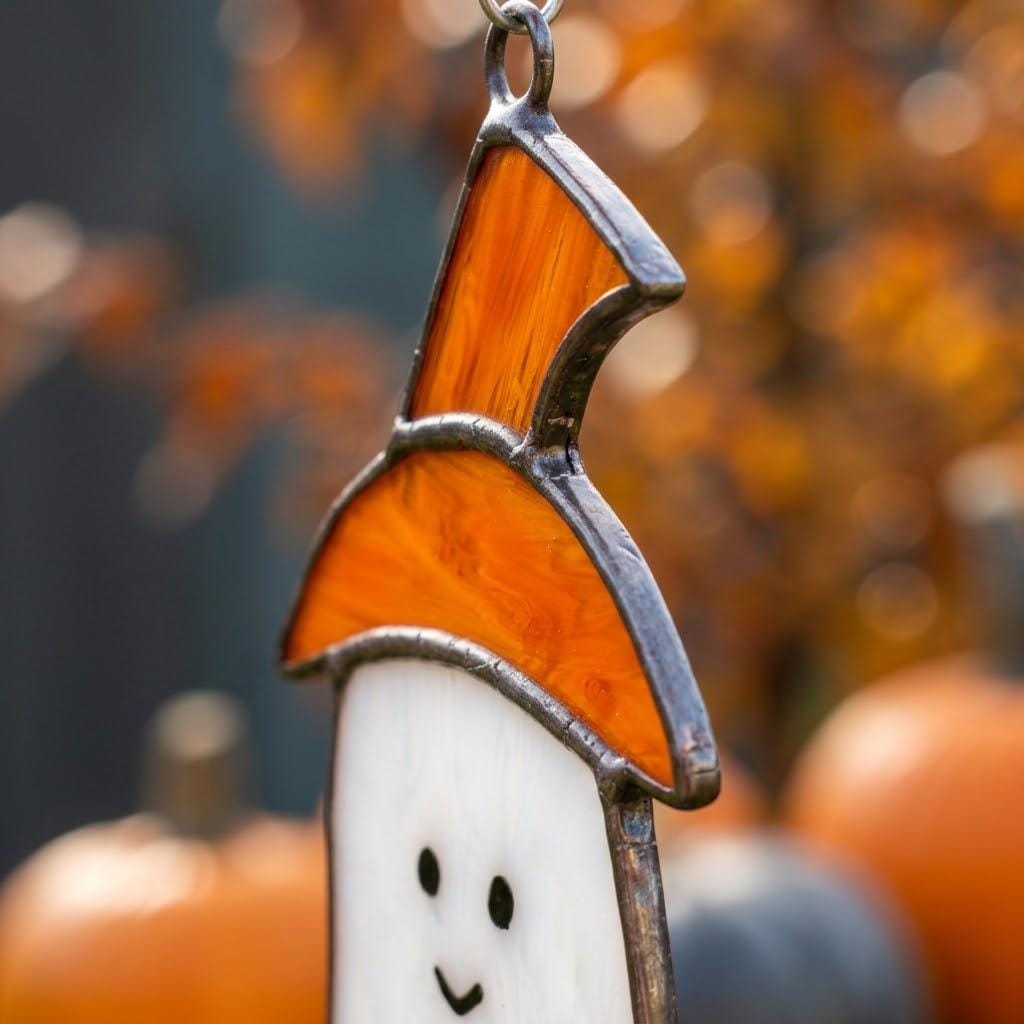 Handmade Stained Glass Ghost Suncatcher, Orange Hat, Halloween Window Hanging by AuroraeGlass — photo 3
