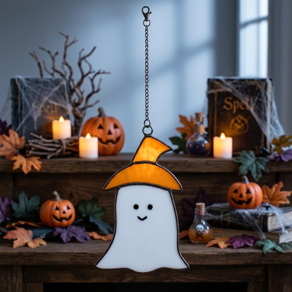 Handmade Stained Glass Ghost Suncatcher, Orange Hat, Halloween Window Hanging by AuroraeGlass — photo 1