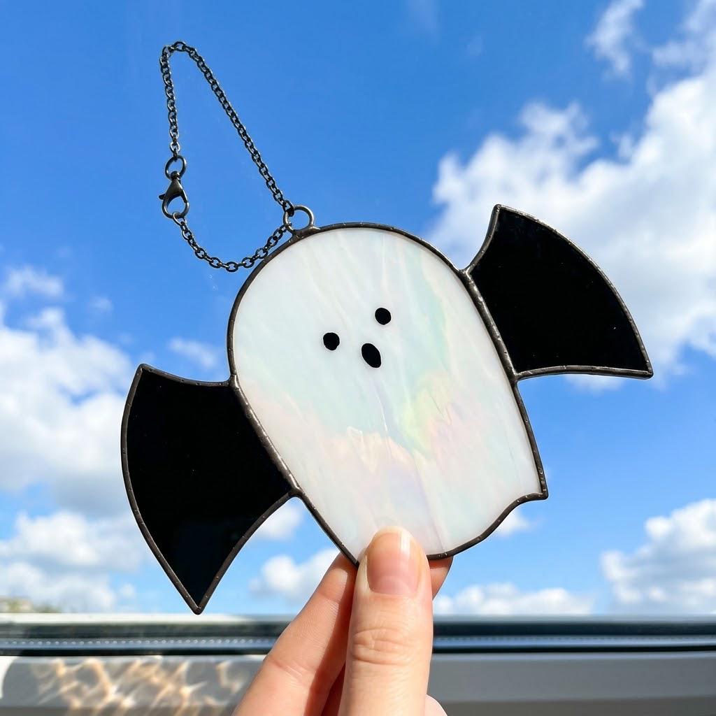 Handmade Stained Glass Ghost with Bat Wings, Gothic Halloween Suncatcher by AuroraeGlass — photo 5