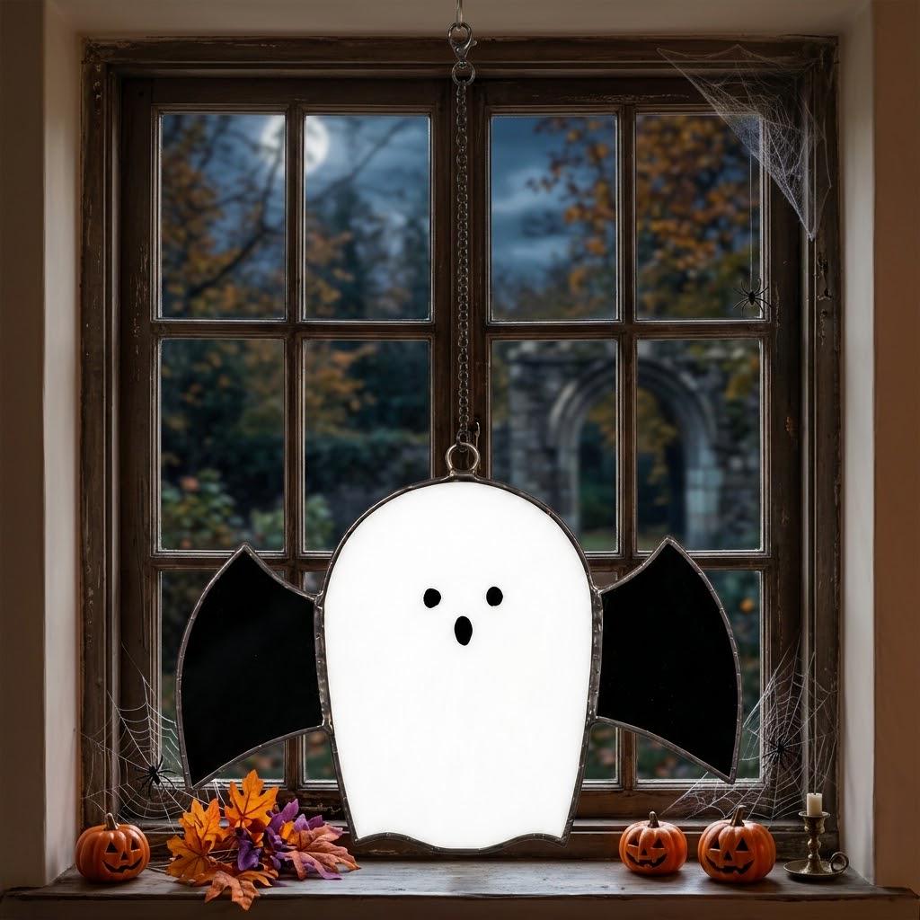 Handmade Stained Glass Ghost with Bat Wings, Gothic Halloween Suncatcher by AuroraeGlass — photo 2