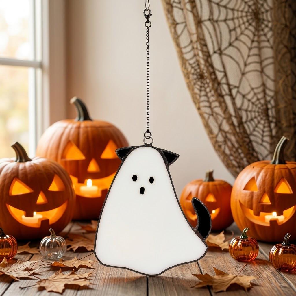 Handmade Stained Glass Dog Ghost Suncatcher, Halloween Pet Lover Decor by AuroraeGlass — photo 3
