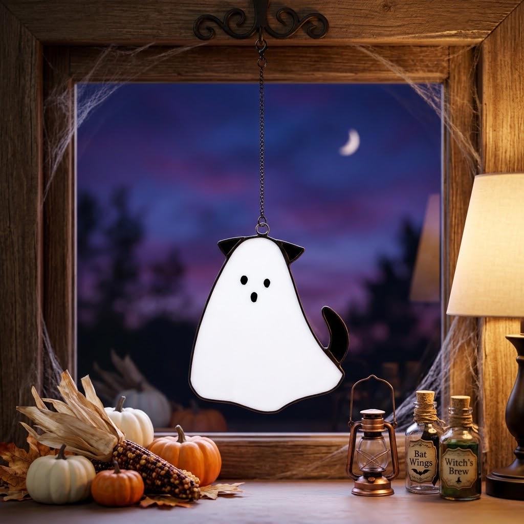 Handmade Stained Glass Dog Ghost Suncatcher, Halloween Pet Lover Decor by AuroraeGlass — photo 2