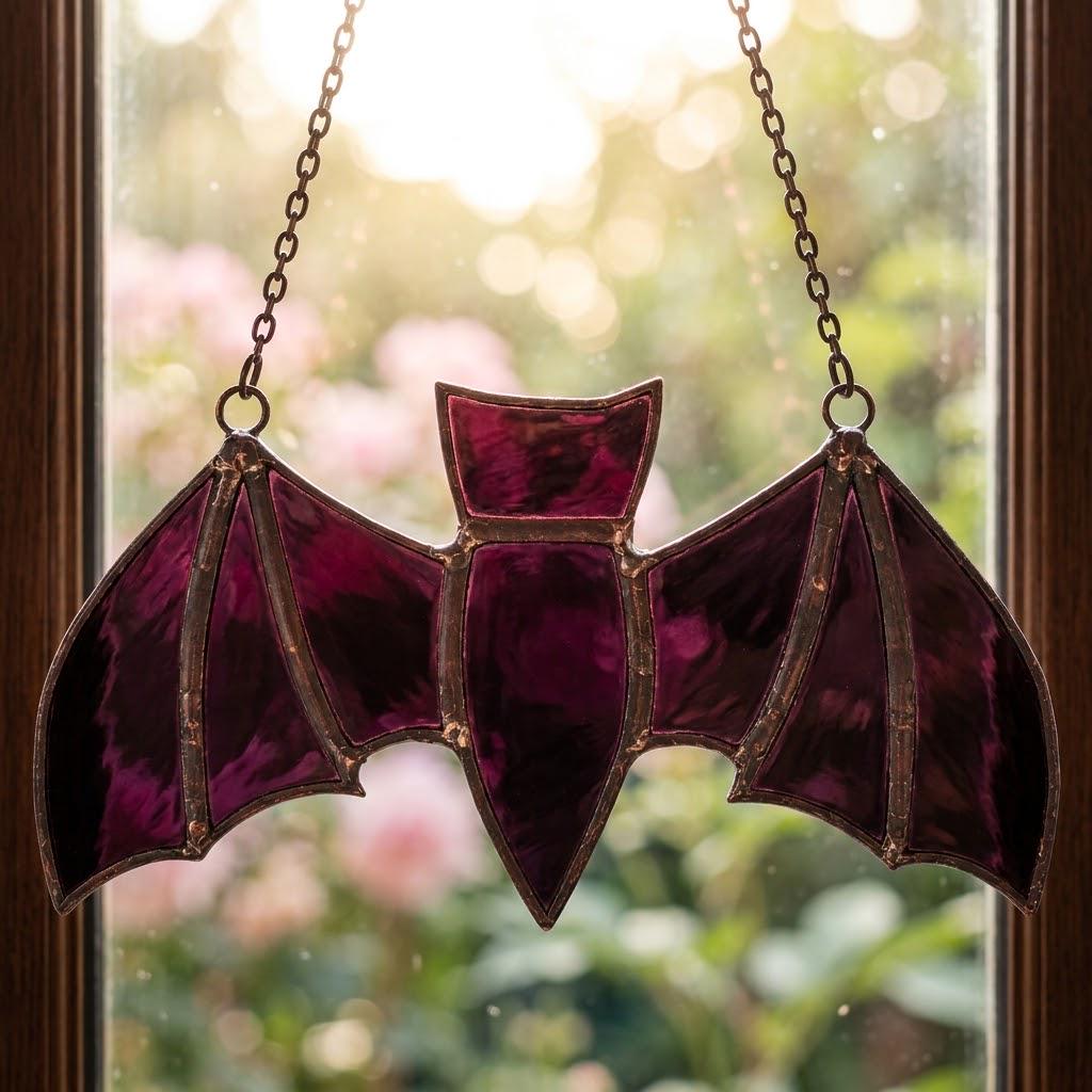 Black Bat Stained Glass Suncatcher, Handmade Gothic Halloween Window Hanging by AuroraeGlass, photo 10