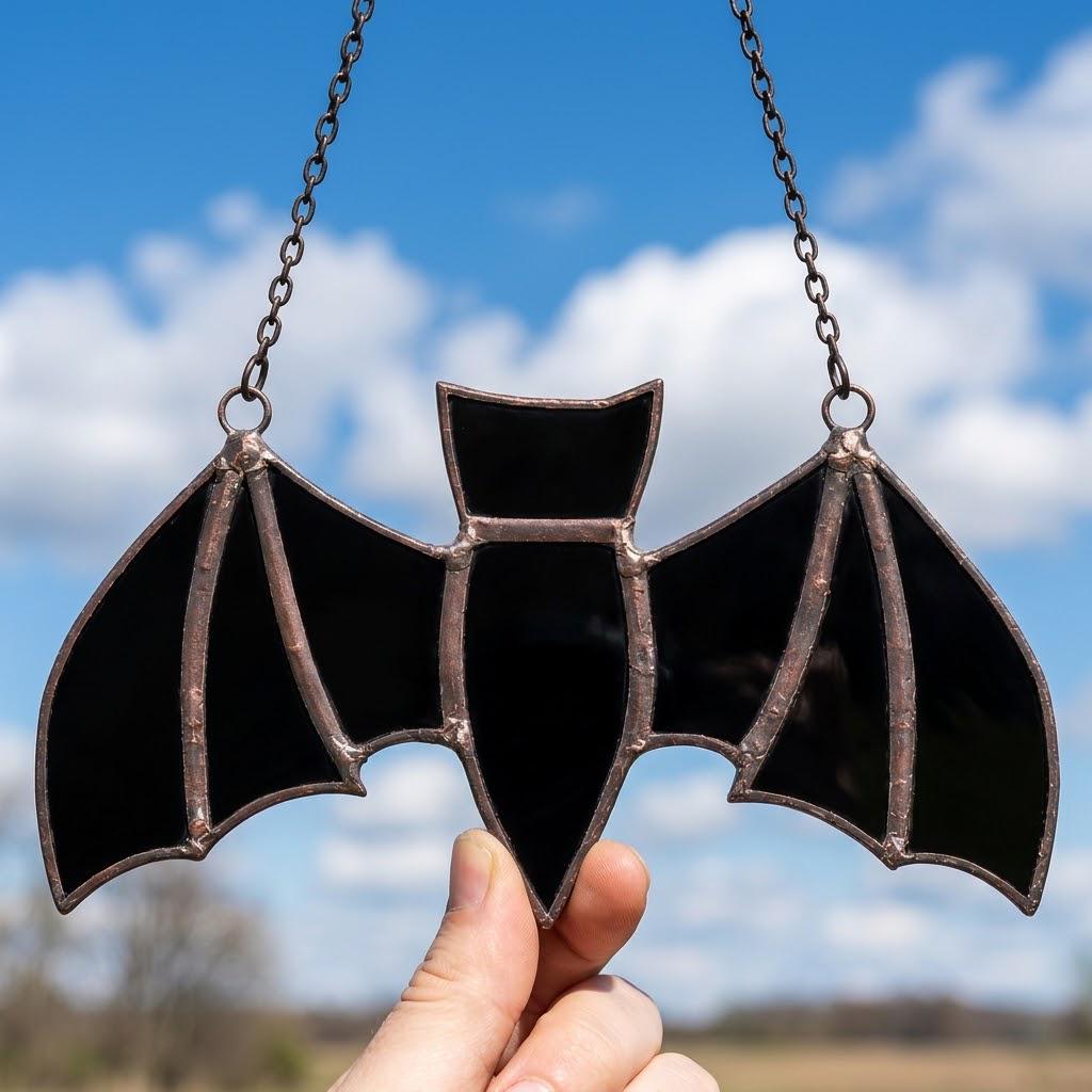 Black Bat Stained Glass Suncatcher, Handmade Gothic Halloween Window Hanging by AuroraeGlass, photo 5