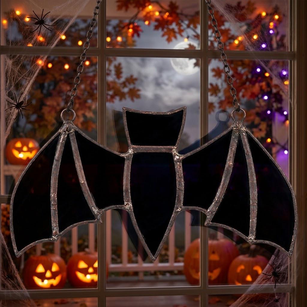 Black Bat Stained Glass Suncatcher, Handmade Gothic Halloween Window Hanging by AuroraeGlass, photo 3