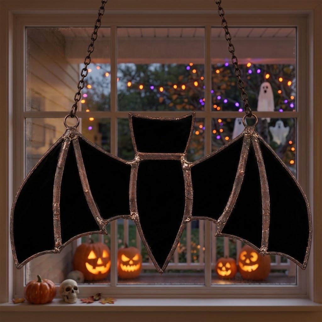 Black Bat Stained Glass Suncatcher, Handmade Gothic Halloween Window Hanging by AuroraeGlass, photo 2