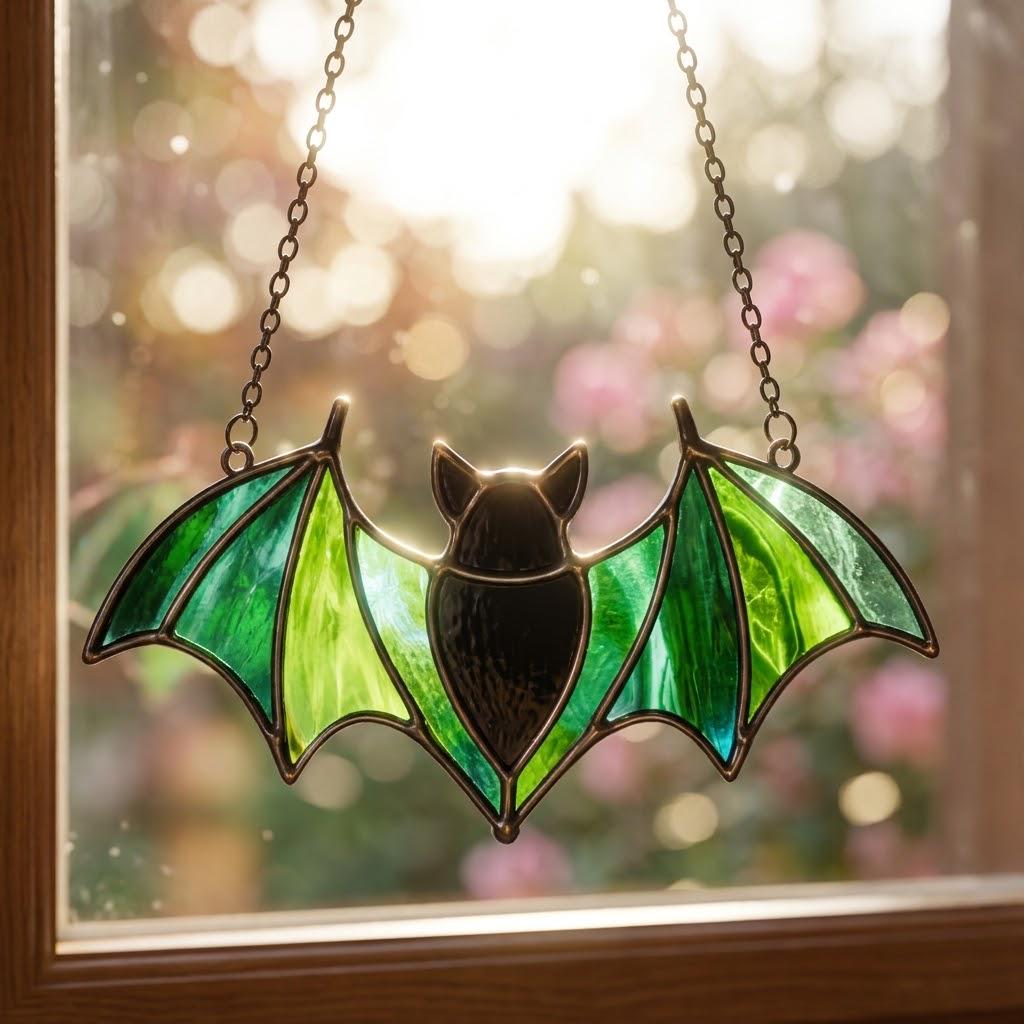 Green Bat Stained Glass Suncatcher, Tiffany-inspired Halloween Window Hanging, Handmade Gothic Decor by AuroraeGlass — photo 10