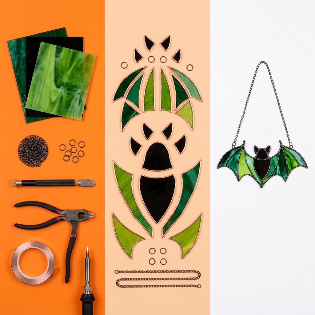 Green Bat Stained Glass Suncatcher, Tiffany-inspired Halloween Window Hanging, Handmade Gothic Decor by AuroraeGlass — photo 8