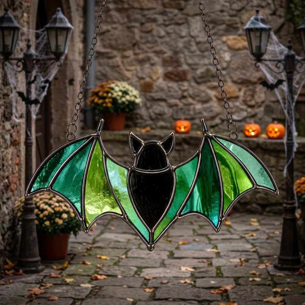 Green Bat Stained Glass Suncatcher, Tiffany-inspired Halloween Window Hanging, Handmade Gothic Decor by AuroraeGlass — photo 9