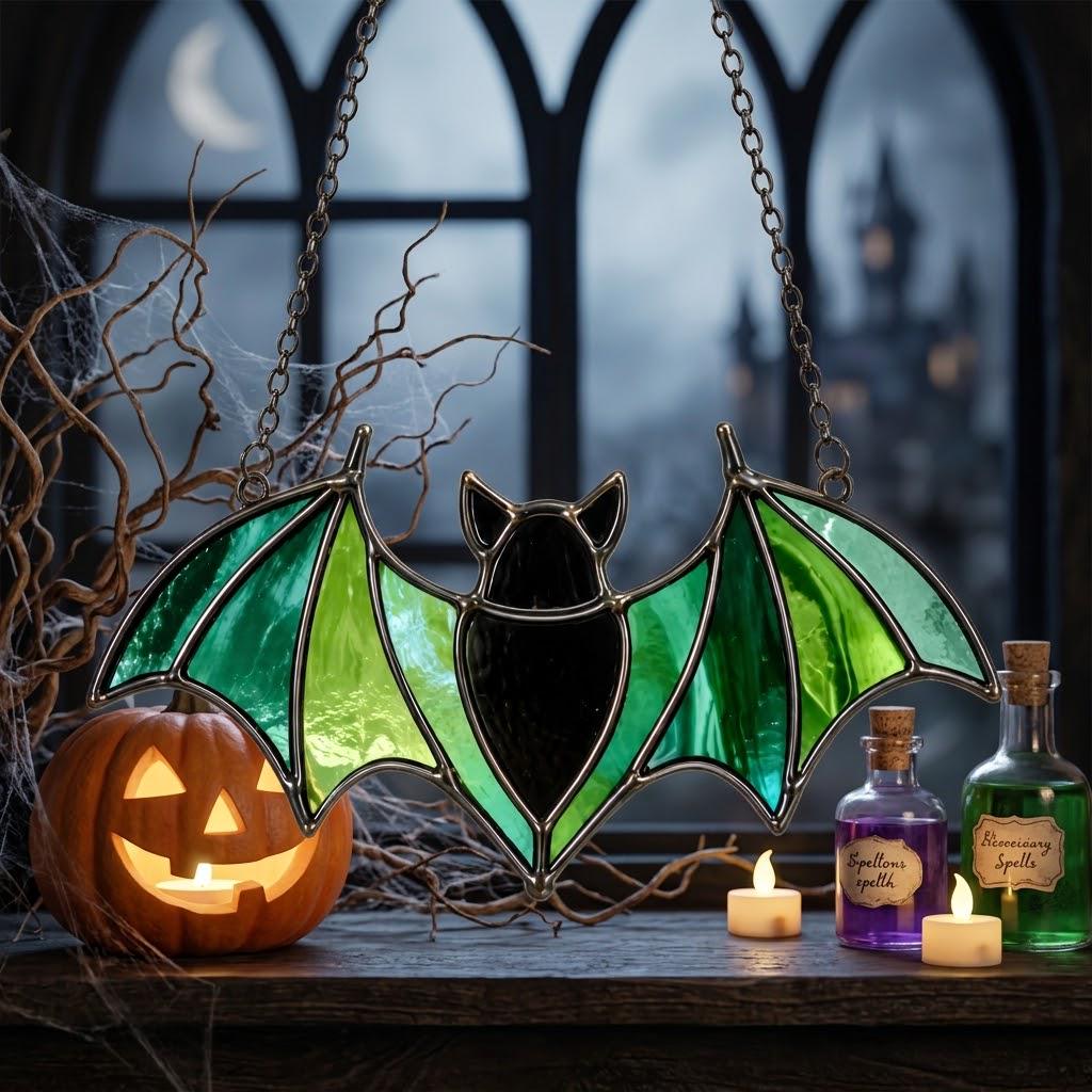 Green Bat Stained Glass Suncatcher, Tiffany-inspired Halloween Window Hanging, Handmade Gothic Decor by AuroraeGlass — photo 1
