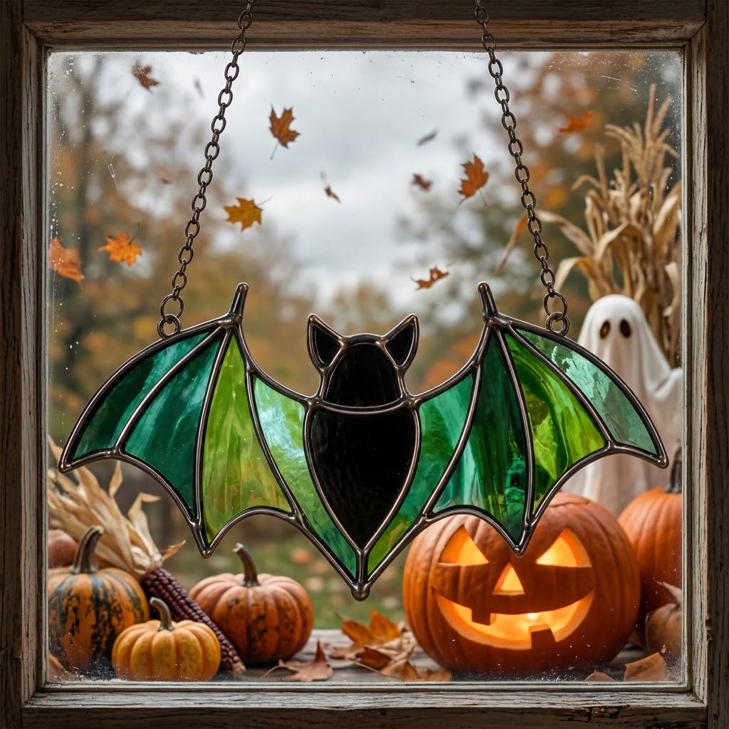 Green Bat Stained Glass Suncatcher, Tiffany-inspired Halloween Window Hanging, Handmade Gothic Decor by AuroraeGlass — photo 3
