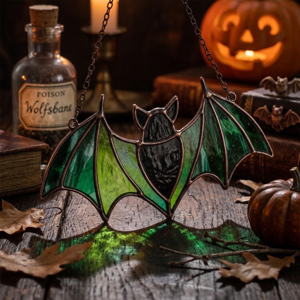 Green Bat Stained Glass Suncatcher, Tiffany-inspired Halloween Window Hanging, Handmade Gothic Decor by AuroraeGlass — photo 2