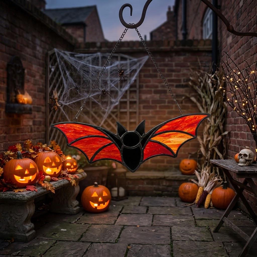 Orange Bat Suncatcher, Black Halloween Window Hanging by AuroraeGlass — photo 2