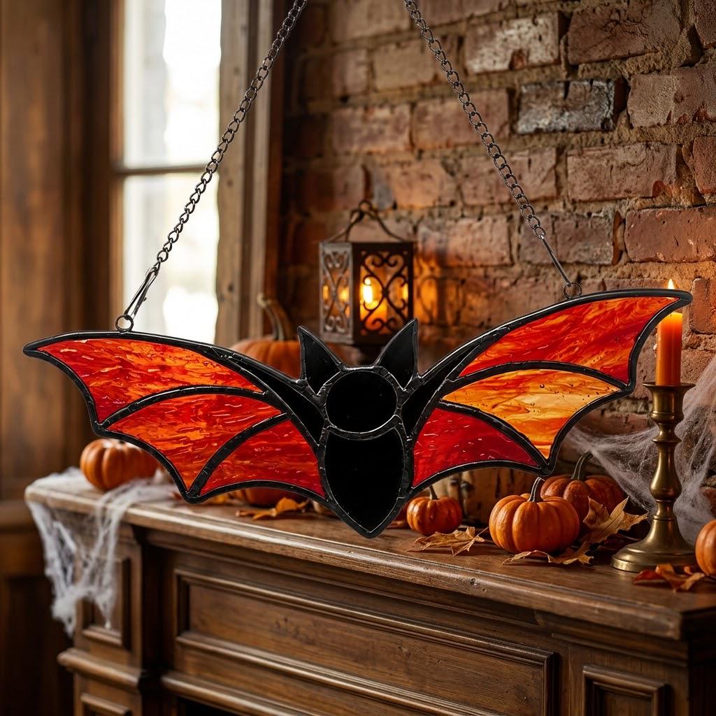 Orange Bat Suncatcher, Black Halloween Window Hanging by AuroraeGlass — photo 3