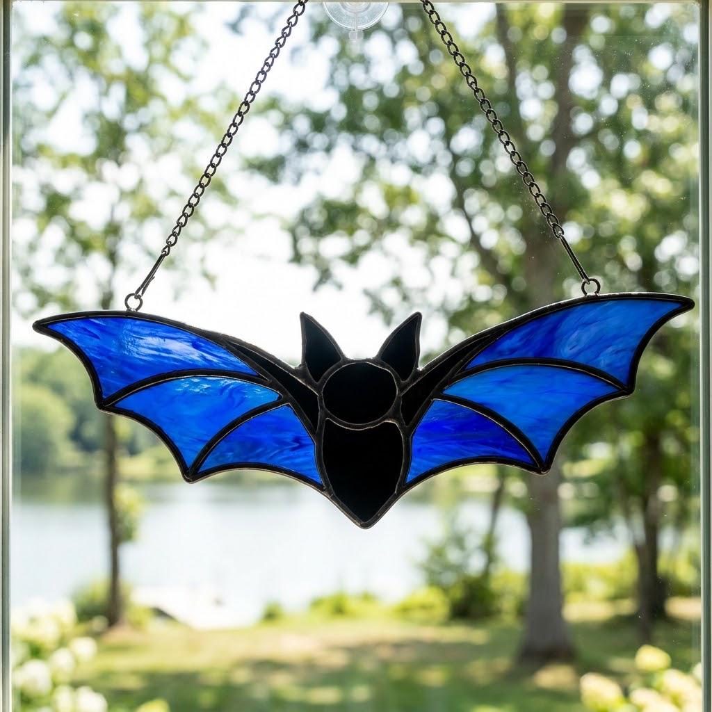 Blue Bat Suncatcher, Black Gothic Window Hanging by AuroraeGlass — photo 10