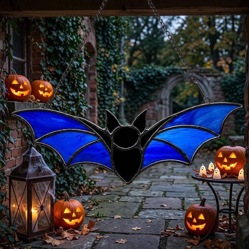 Blue Bat Suncatcher, Black Gothic Window Hanging by AuroraeGlass — photo 3