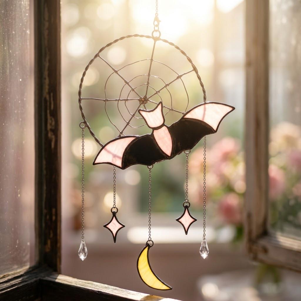 Pink Bat and Spiderweb Suncatcher with Crescent Moon by AuroraeGlass — photo 10