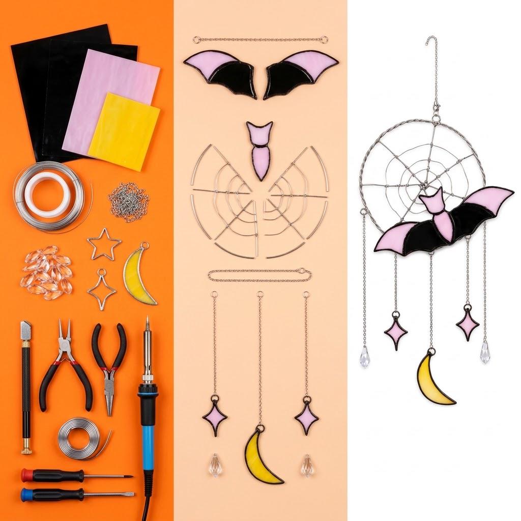 Pink Bat and Spiderweb Suncatcher with Crescent Moon by AuroraeGlass — photo 9