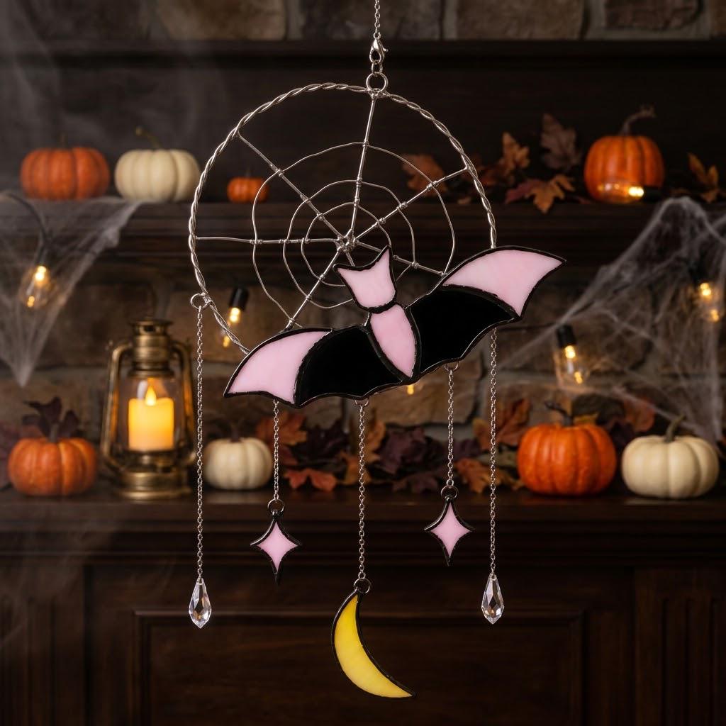 Pink Bat and Spiderweb Suncatcher with Crescent Moon by AuroraeGlass — photo 2