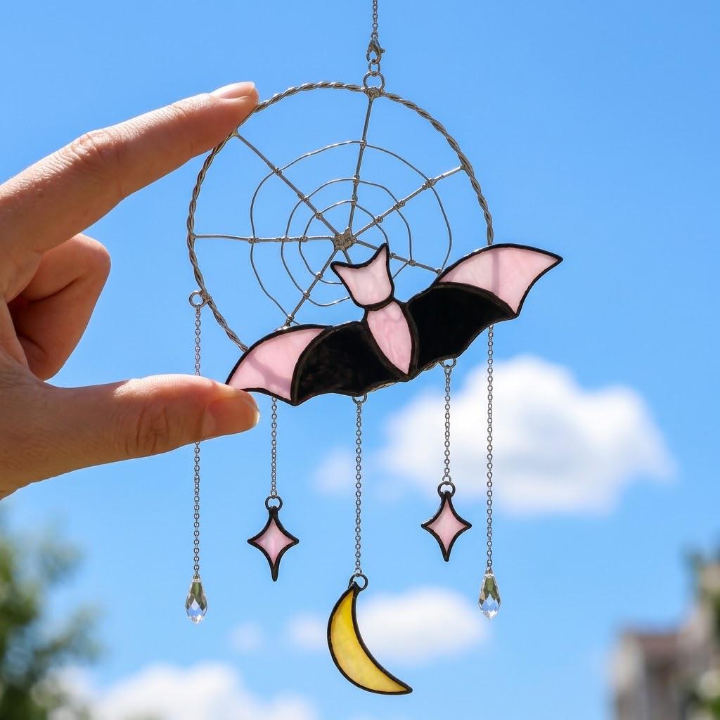 Pink Bat and Spiderweb Suncatcher with Crescent Moon by AuroraeGlass — photo 5