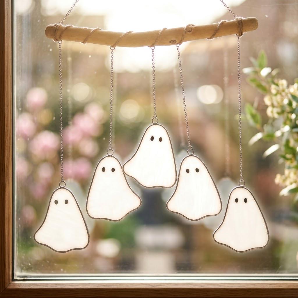Five White Ghosts Halloween Mobile with Branch Hanger by AuroraeGlass — photo 10