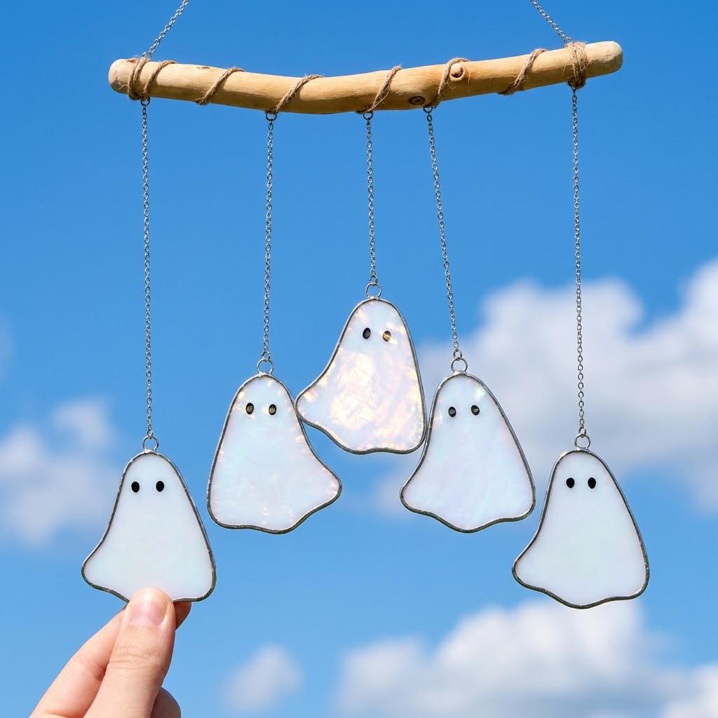 Five White Ghosts Halloween Mobile with Branch Hanger by AuroraeGlass — photo 5