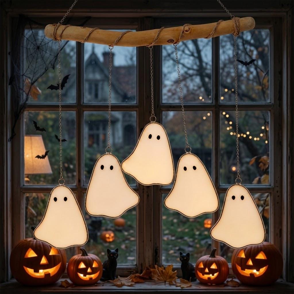 Five White Ghosts Halloween Mobile with Branch Hanger by AuroraeGlass — photo 1