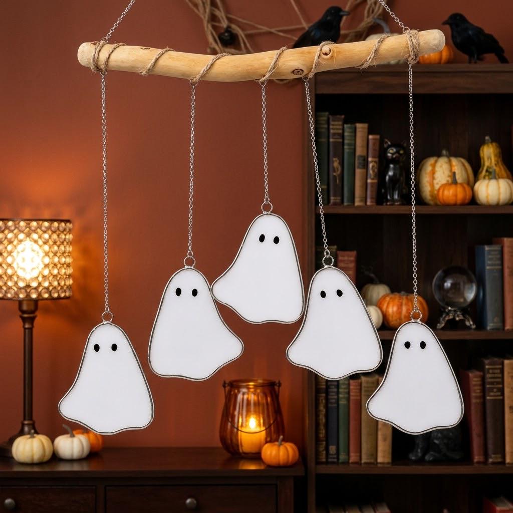 Five White Ghosts Halloween Mobile with Branch Hanger by AuroraeGlass — photo 4