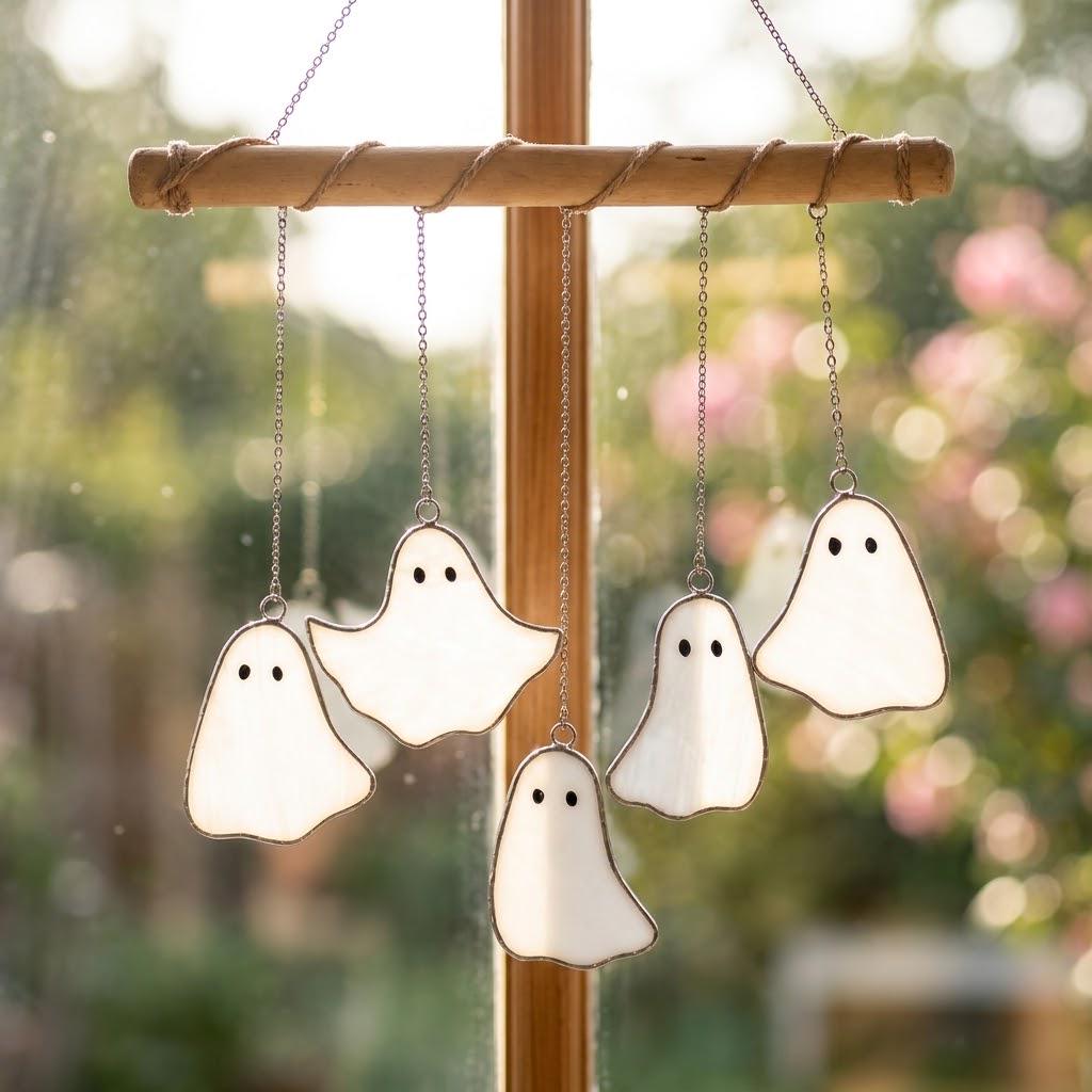 Five Iridescent Ghosts Halloween Mobile with Branch Hanger by AuroraeGlass — photo 10