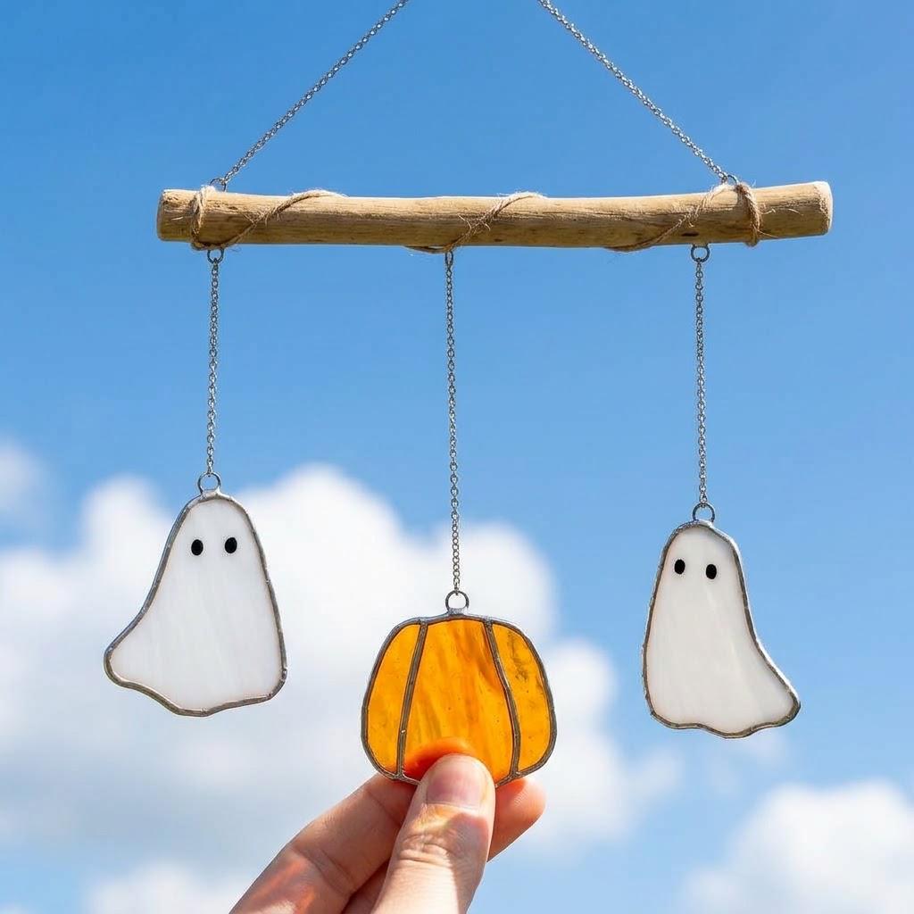 Ghost and Pumpkin Halloween Mobile with Branch Hanger by AuroraeGlass — photo 5