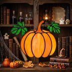 Orange Pumpkin Suncatcher with Green Fall Leaves by AuroraeGlass — photo 1