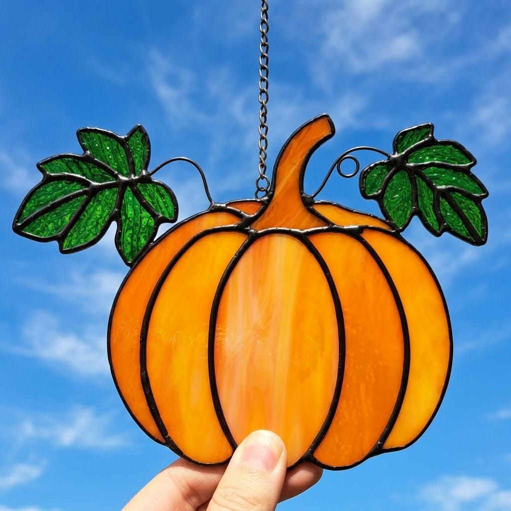 Orange Pumpkin Suncatcher with Green Fall Leaves by AuroraeGlass — photo 5