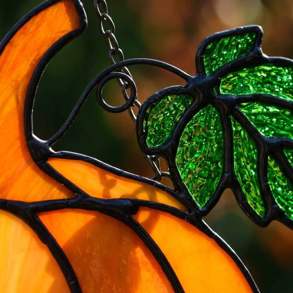 Orange Pumpkin Suncatcher with Green Fall Leaves by AuroraeGlass — photo 6