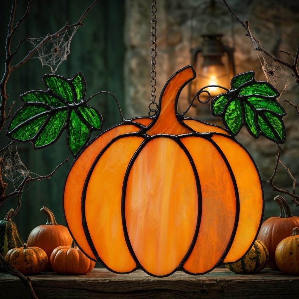 Orange Pumpkin Suncatcher with Green Fall Leaves by AuroraeGlass — photo 4