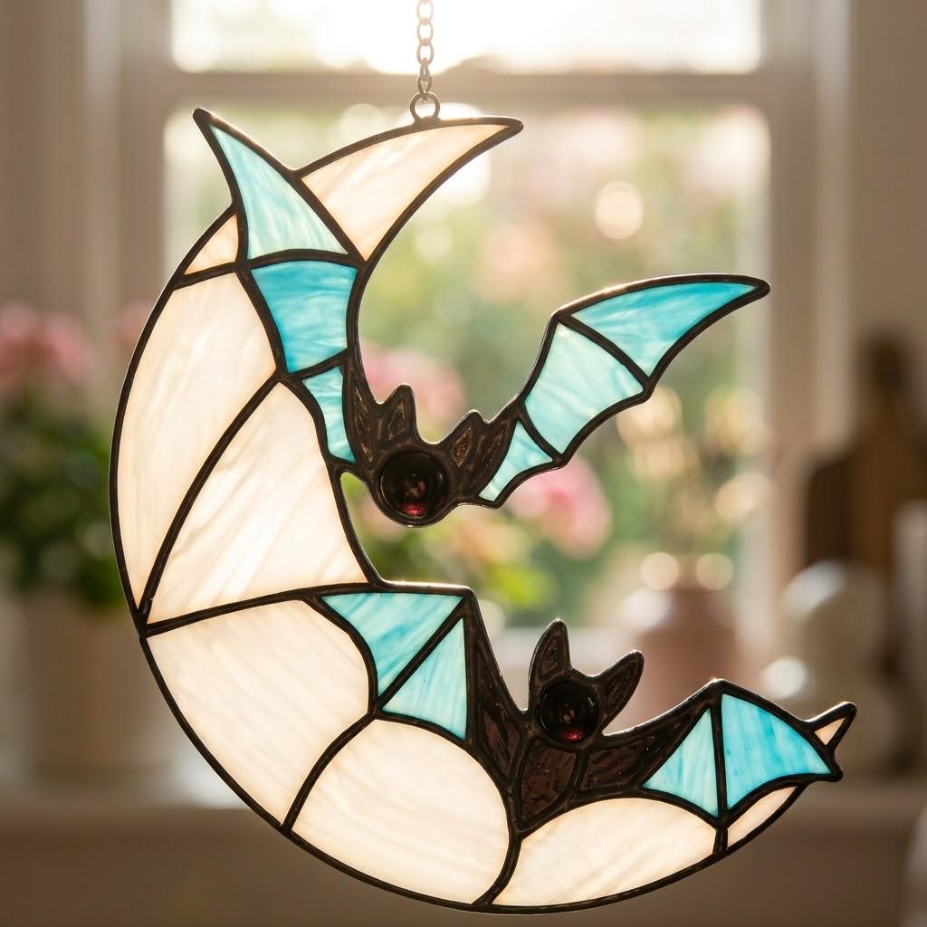 Crescent Moon and Blue Bats Halloween Window Hanging by AuroraeGlass — photo 9
